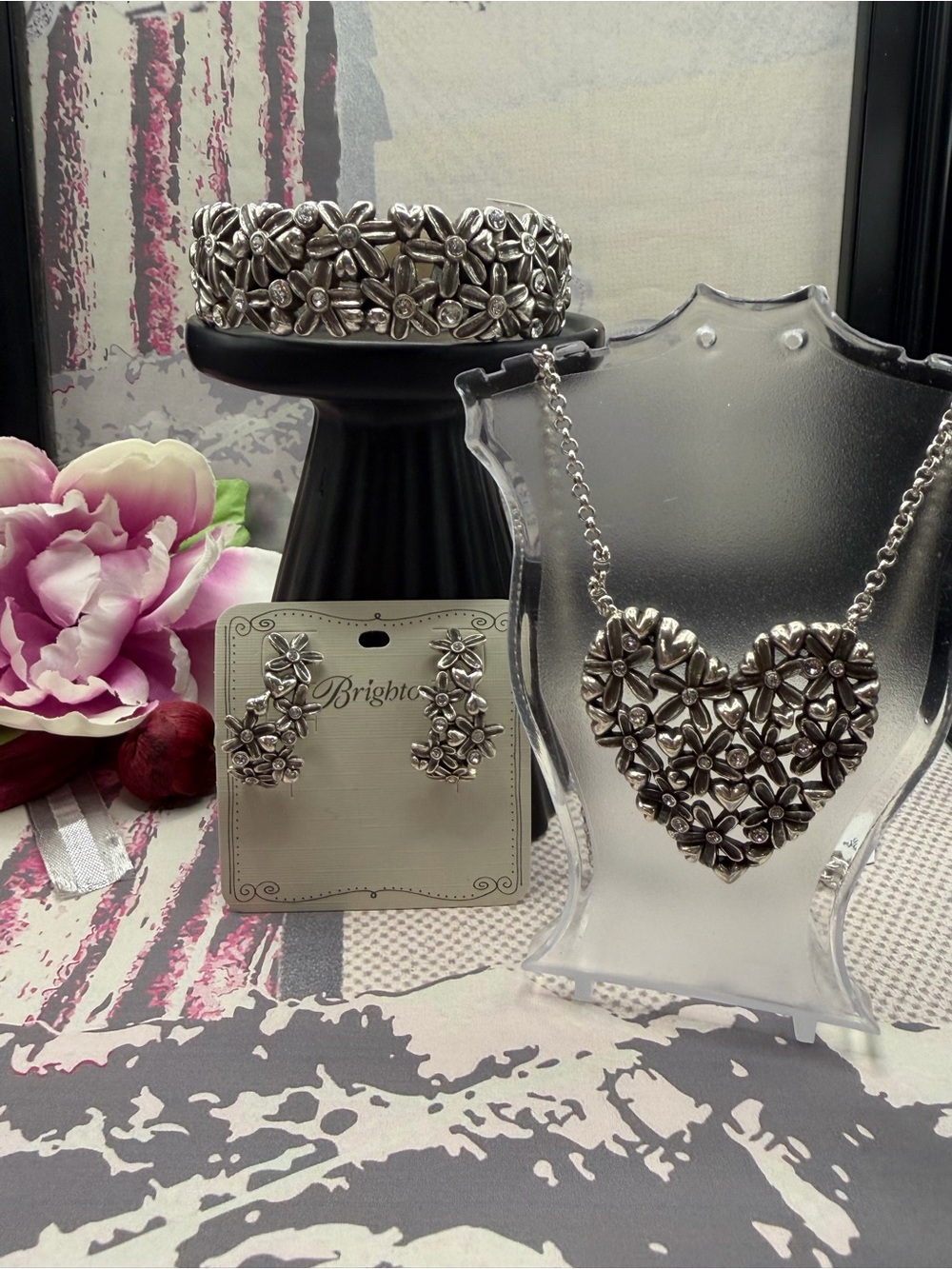 Brighton Silver Floral Heart Necklace, Bracelet & Earrings Trio